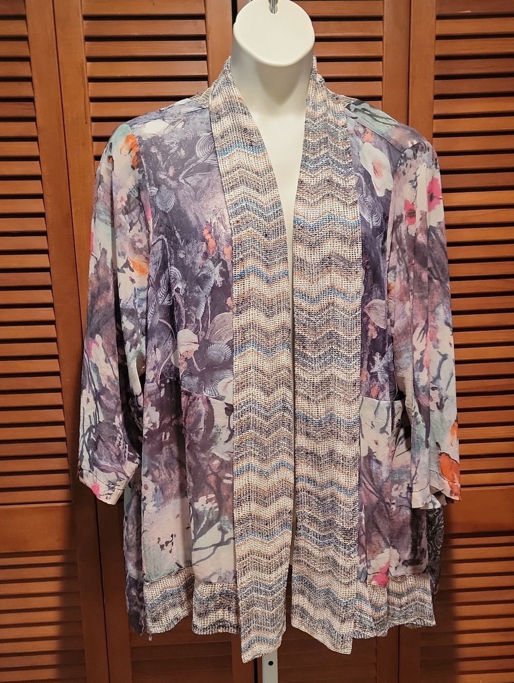 ALI MILES SHEER MIXED-MEDIA FLORAL KIMONO CARDIGAN
